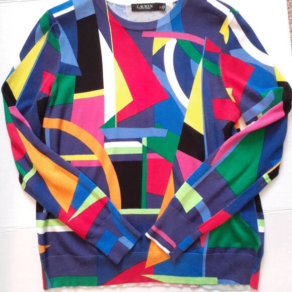 LRL Geometric Multi-Color Crewneck Sweater Cotton Viscose Blue Green Red Size L - Picture 6 of 12